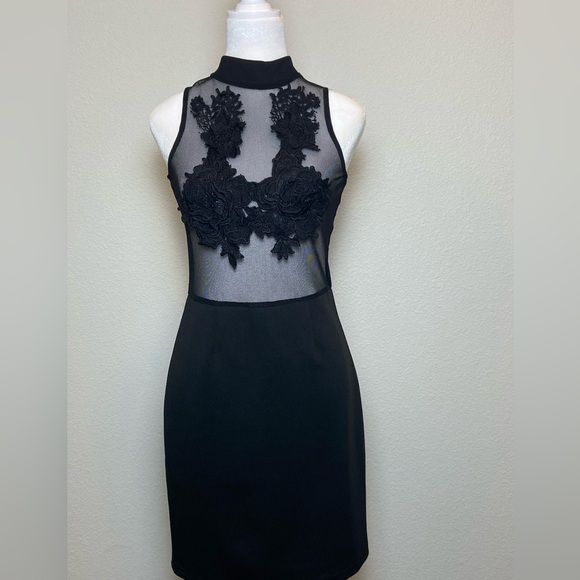 Black dodycon sheer lace appliqués high neck mesh midi length back zipper size M - Picture 2 of 3